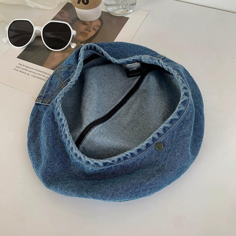 Vintage washed denim girl spring summer thin big head circumference bud painter hat showing face small beret