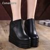 14CM Super High Heel Platform Ankle Boots for Women PU Black Wedge Shoes Back Zipper Plush Autumn Winter Short Botas Size 34 39