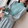 Autumn Sweater Dresses for Women Winter Splicing Pullover Bandage Slim Knitting Dress Sweet Corduroy Floral Print Dress