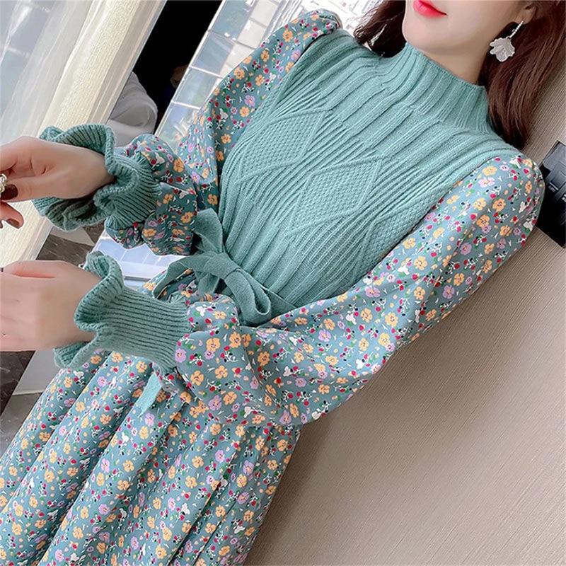Autumn Sweater Dresses for Women Winter Splicing Pullover Bandage Slim Knitting Dress Sweet Corduroy Floral Print Dress