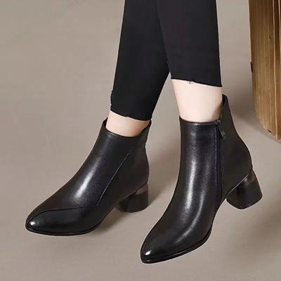 Herbst Winter Damen Kurze Schuhe Elegant mit Mittelhohen Absätzen Fleecegefütterte Stiefeletten für Damen Leder Spitzzehen Chic Stiefeletten