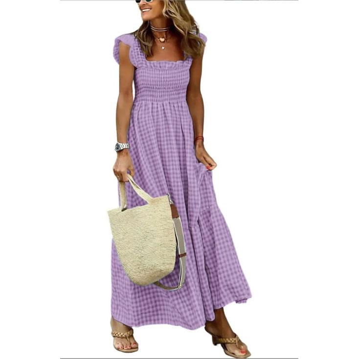 Elegant Plaid Slip Maxi Long Dress Summer Women Strapless Ruffle Backless Pleated Elastic Waist Boho Party Swing Loose Dresses