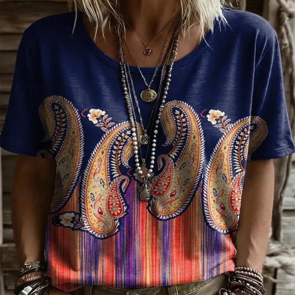 Bohemian Paisley Print Women T-Shirt Vintage Ethnic O-Neck Short Sleeve Casual Tops Loose Boho Summer Tee Plus Size Tees