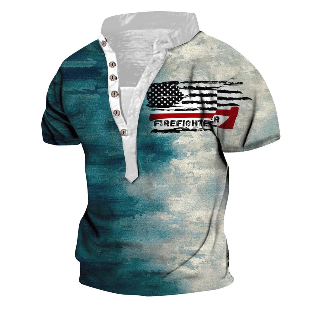 Men's Vintage Outdoor Hiking Short Sleeve Printed T-Shirt Breathable Button V Neck Short Sleeve Top