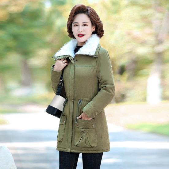 Winter Women Jacket Thickened Plush Turn-down Collar Long Sleeves Elastic Waist Pockets Zipper Closure Coat Mid Length Windproof Warm Coat