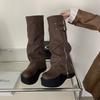 Punk Style Women Knee High Boots Designer Belt Buckle Platform Heel Shoes Autumn Winter Long Booties
