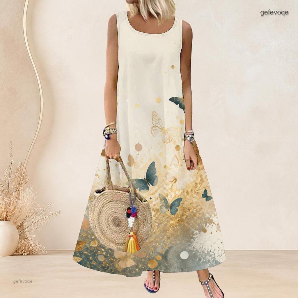 Women Plus Size Scoop Neck Sleeveless Purple Butterfly Printed A Line Maxi Dress