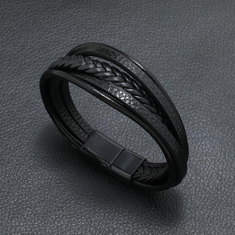 

Мужской многослойный кожаный браслет - Европейский и американский ретро-стиль, ручной работы с магнитной застежкой чёрный