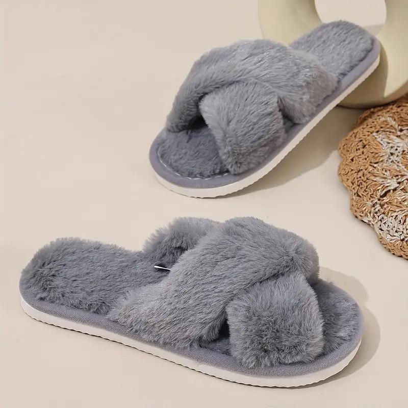 Women'S Cozy Plush Slip-On Slippers with Cross Strap - Soft Faux Fur Lining, Warm EVA Sole, Open-Toe Design for Indoor & Outdoor House Slippers