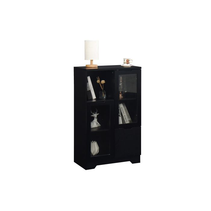 Armoire Laquée MDF Avec Portes Vitrées Et Tiroir, Espace De Rangement Ouvert, Noir, Chambre À Coucher, Salon