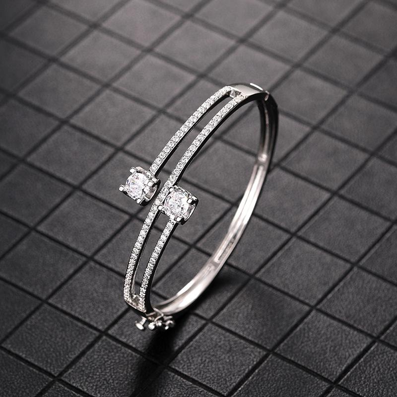 Gold Plated Double Round CZ Hinged Bangle, Elegant Pave Accent Double-Row Crystal Bracelet for Women