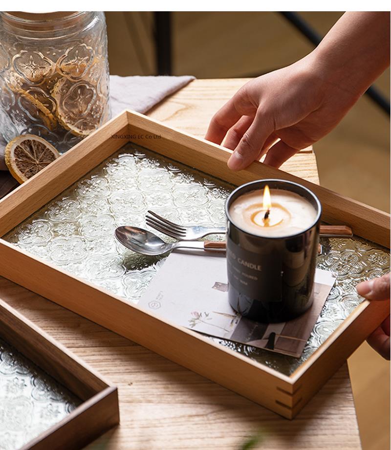 Rechteckiges Holztablett im japanischen Stil, Leichter Luxus Glas Heimdekoration Aufbewahrung Wohnzimmer Couchtisch Tablett