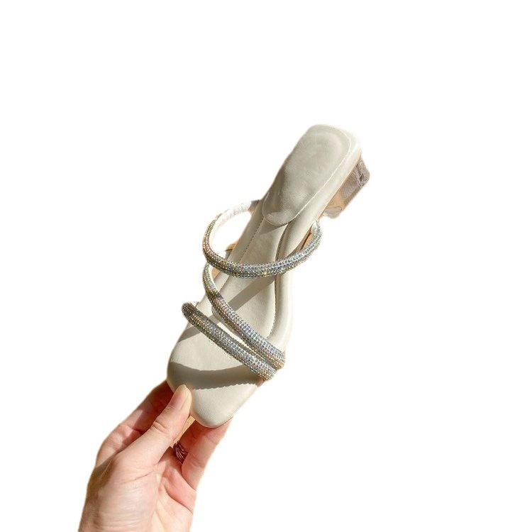 Stepping on shit sandals women's thin heel rhinestones 2024 new summer French temperament with slippers and high heels