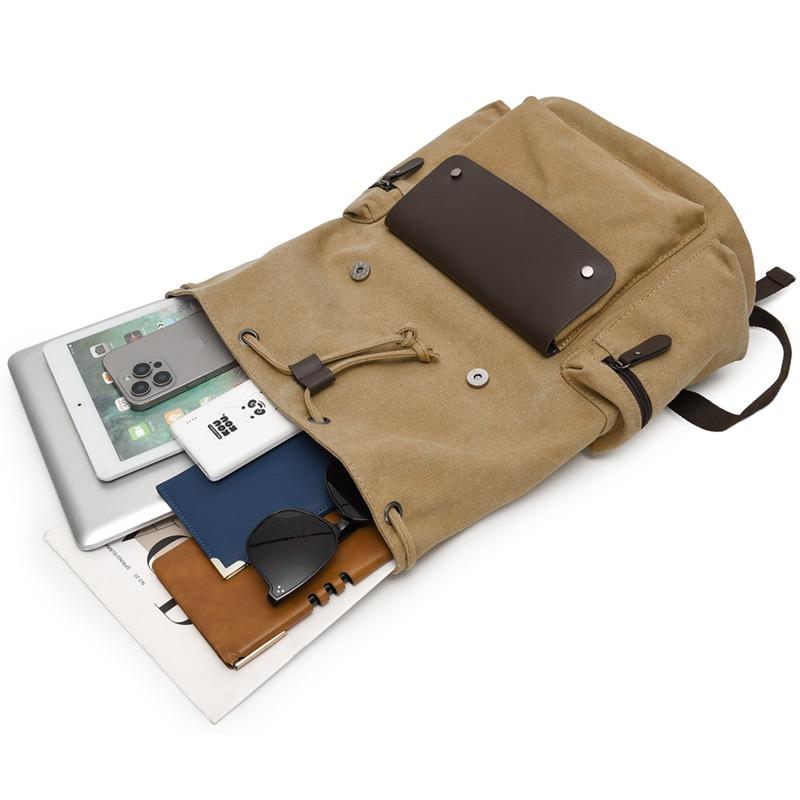 Men's Canvas Backpack Laptop Bag College Student Commuter Travel Drawstring Backpack Flip Cover School Bag Retro Backpack Men