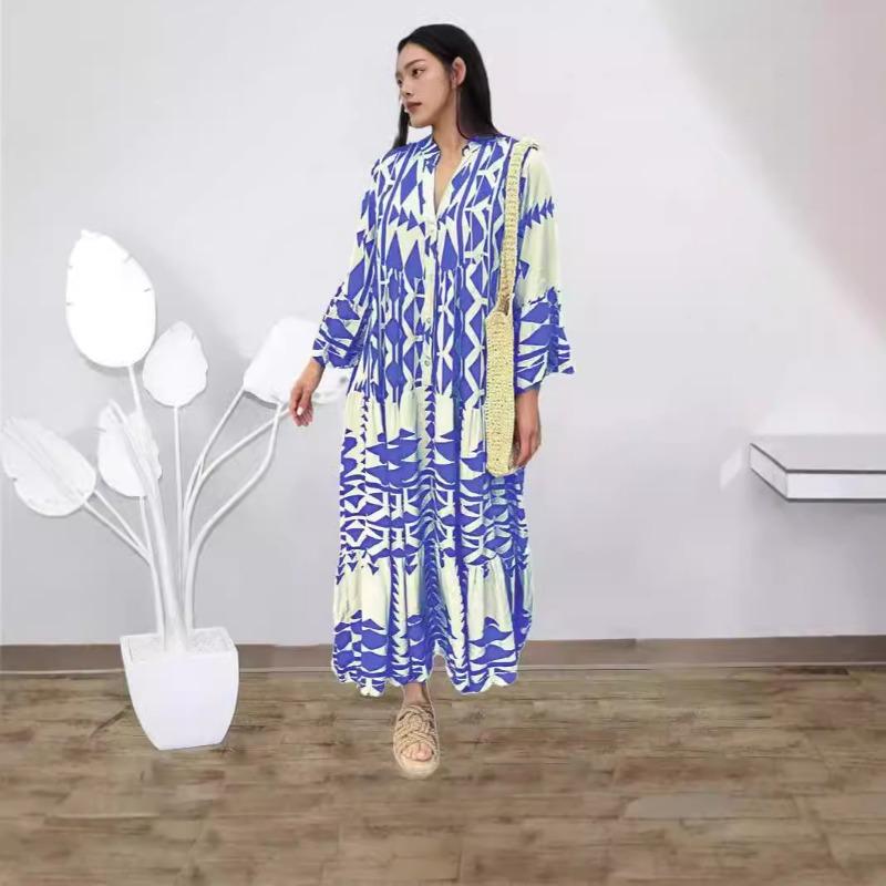 Plus-size V-neck Women's Printed Shirt Long Dress Bohemian Vacation Dress