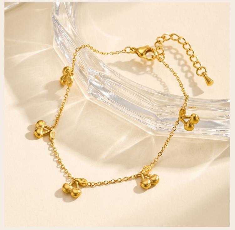 Dainty Cherry Anklet, 18K Gold PVD Stainless Steel, Waterproof Anti-Tarnish Charm Ankle Bracelet for Summer Foot Jewelry