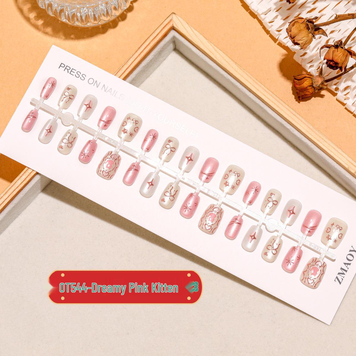 

Dreamy Pink Cat Eye Extra Short Nail Patches with Star Bowknot & Gilded Accents - 30 Pieces M/M/M