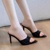 Huizhou 2025 European and American new fashionable full diamond pointed heel one-word drag black sexy open-toed high-heeled slippers