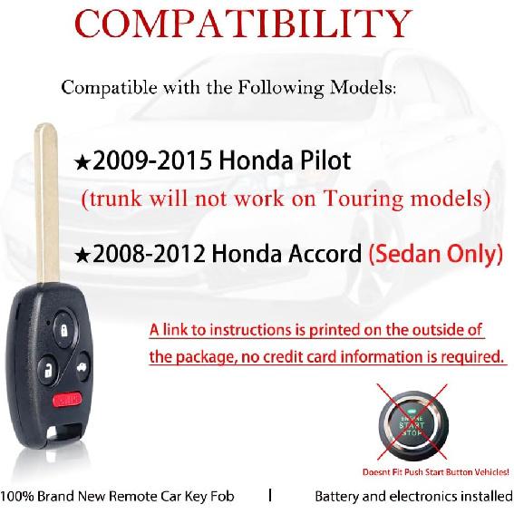 MechanMagic Key Fob Remote Replacement Fits for Honda Pilot 2009 2010 2011 2012 2013 2014 2015/ Accord Sedan 2008-2012 KR55WK49308 Keyless Entry