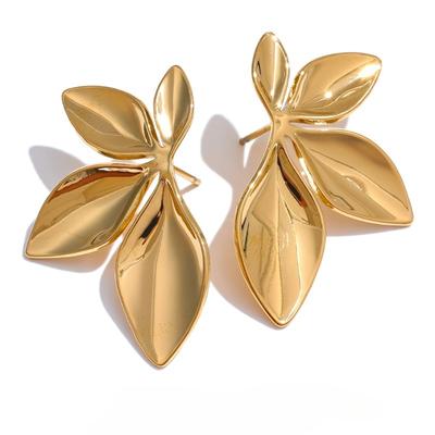 Fashion Stainless Steel Leaves Flower Stud Earrings Bright Anti Allergy Waterproof Charm Texture High Quality Jewelry