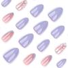 24 Pcs White Flowers Artificial Nail French Tip Press On Nail Almond Shape Stick On Nail Purple False Nail for Party
