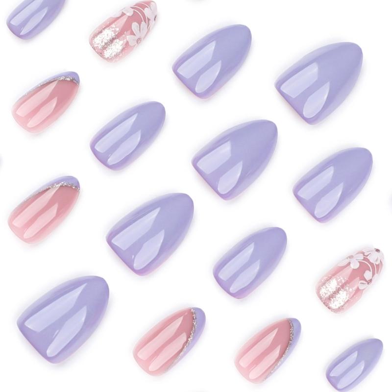 24 Pcs White Flowers Artificial Nail French Tip Press On Nail Almond Shape Stick On Nail Purple False Nail for Party