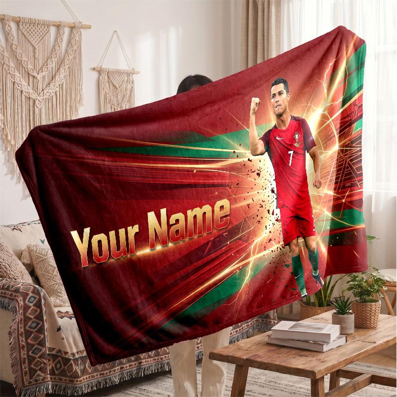 Personalisierte Fleece-Decke Cristiano Ronaldo mit Fußball-Logo, Individueller Name Text Weich Warm Home Überwurfdecke