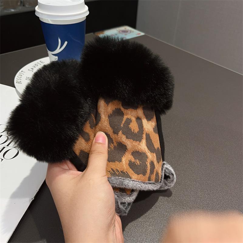Leopard Print Plush Half-Finger Suede Gloves - Warm, Cute Winter Style for Students