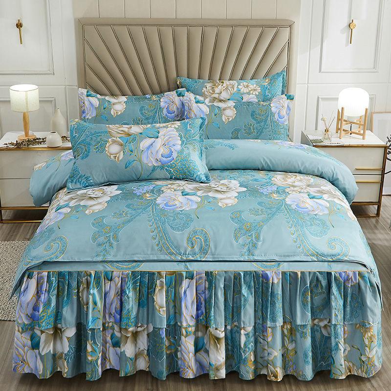 Czteroczęściowe Falbany na Łóżko Narzuty Pokrowce na Łóżko Poszewki na Poduszki Antypoślizgowe Drukowane Prześcieradła Pościel Lekki Luksus