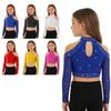 Dívčí lesklý crop top s flitry, dlouhý rukáv, zapínání na patentky na zádech, taneční tričko