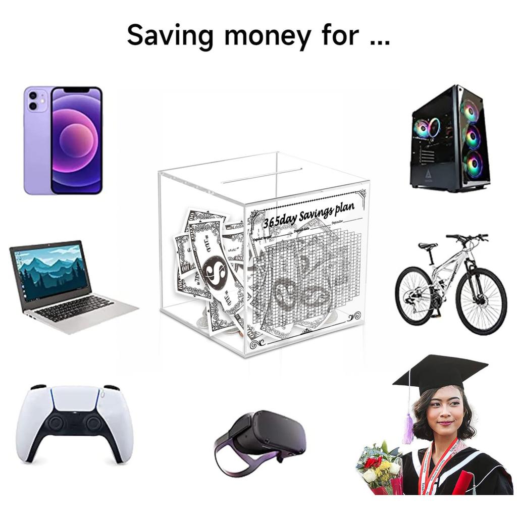 Yousheng Clear Acrylic Money Saving Box Unbreakable Piggy Bank 365 Days Cash Vault Saving Challenge Box Must Break to Open Money Bank to Save 10K