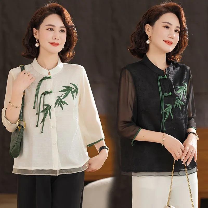 Women's Beige Blouse Chinese Style Mandarin Collar Bamboo Embroidery Half Sleeve Sheer Casual Top