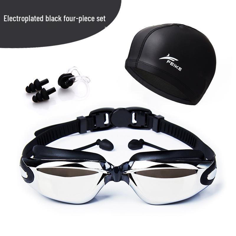 Fike High-Definition Waterproof Anti-Fog Swimming Goggles Set with Swim Cap, Large Plated Frame, Unisex