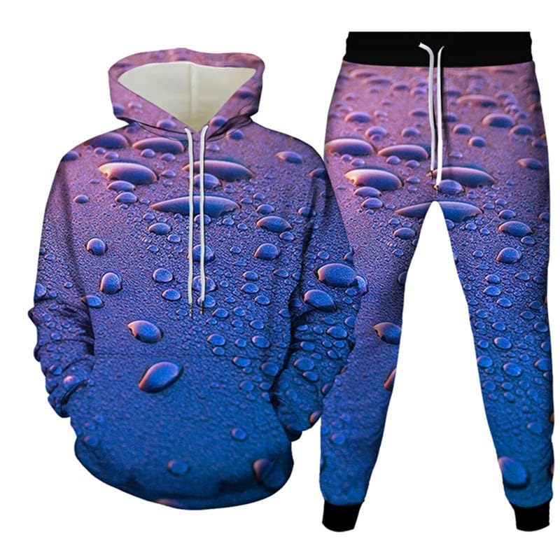 Funny Fresh Water Droplets on Purple Leaves Print Men's Hoodie Pants 2-Piece Outfits Men Hooded Sweatshirt Sets Tracksuit Suits