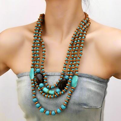 African Jewelry Bohemian Retro Ethnic Multi-layer Wooden Beads Imitation Turquoise Beaded Necklace Women's Party Accessories