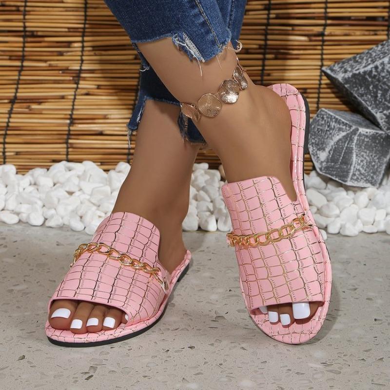 Oversized Flat Slippers with Crocodile Pattern Chain Casual Shoes for Women