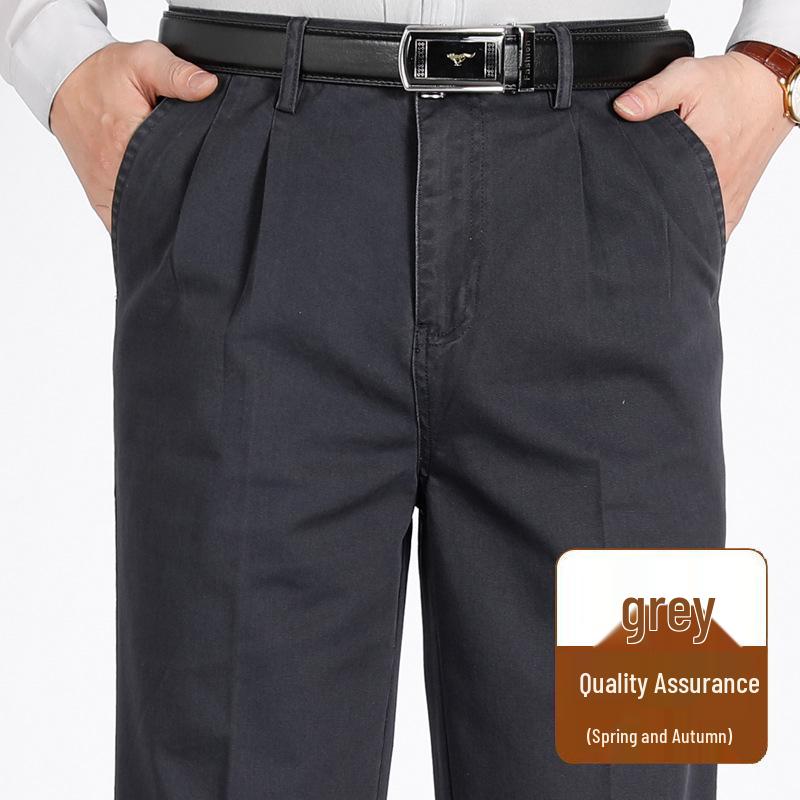 Men's Pure Cotton Double-Pleat Casual Pants - High Waist, Wide Leg, Non-Iron, Summer-Weight for Middle-Aged and Elderly.