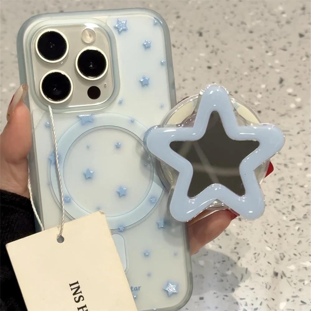 Korean Cute Pink Blue Star Mirror For Magsafe Griptok Holder Phone Finger Ring Stand Support For iPhone 16 Pro Max Girl Bracket