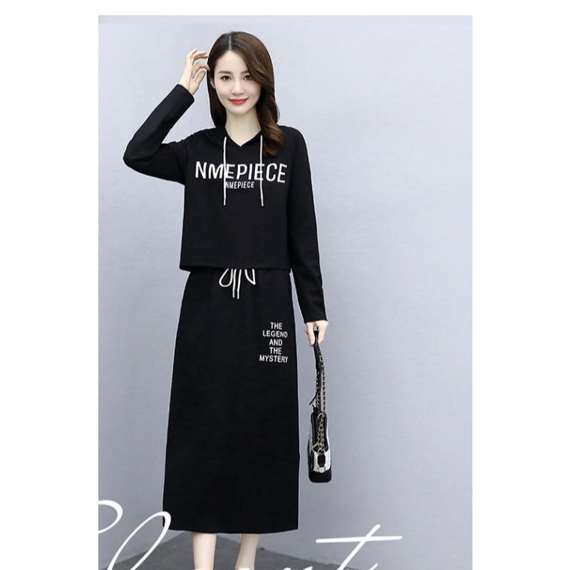 

Новый летний женский повседневный костюм-свитшот с юбкой в корейском стиле, высококлассный спортивный, омолаживающий, приталенный 3XL чёрный