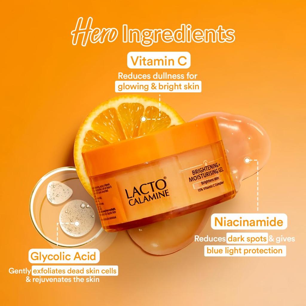 Lacto Calamine 15% Vitamin C Moisturizer for Face 50g Pack of 1 Brightening Non-Sticky Quick Absorbing Gel