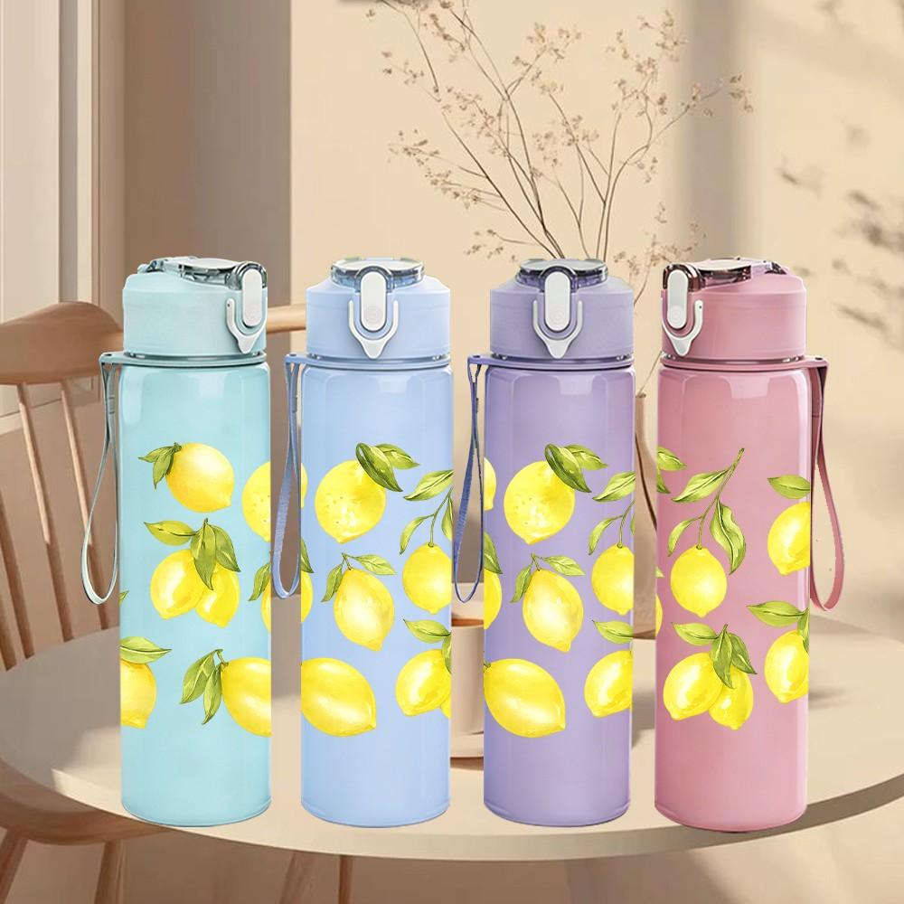 1PC Yellow Lemon Citrus Fruit Pattern Print 750ml Color Plastic Sports Water Bottle Leakproof Flip Straw Lid Suitable for Sports Office Home Use