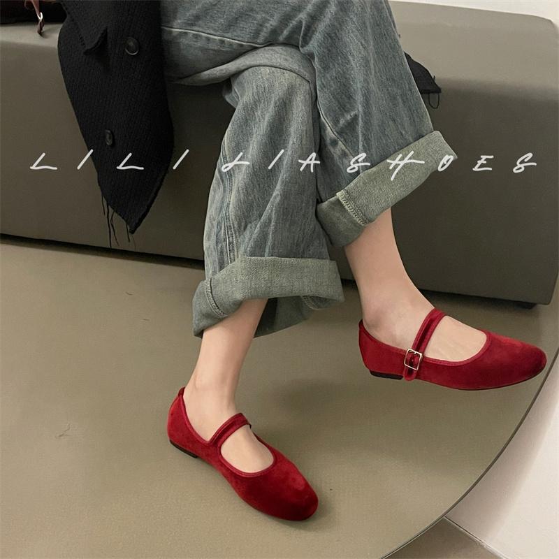 Fashion Flat Shoes for Women's Spring and Autumn 2025 Velvet New Shallow Mouth Round Toe Red Mary Jane Shoes Ballet Shoes