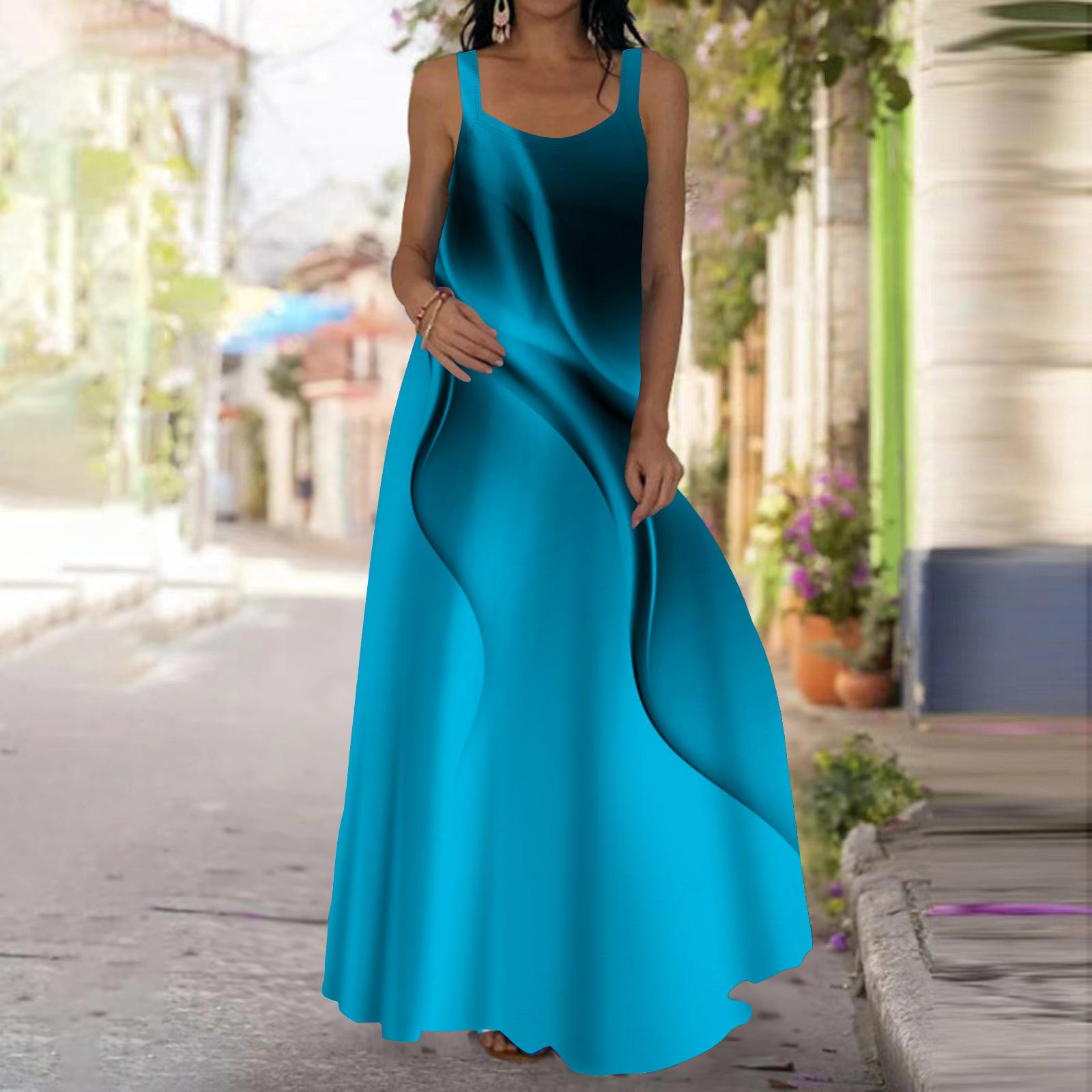 

Женское платье-комбинация Длинное платье макси Синее платье с волнистым принтом Весна и лето с v-образным вырезом Для отдыха и отпуска 3XL синий