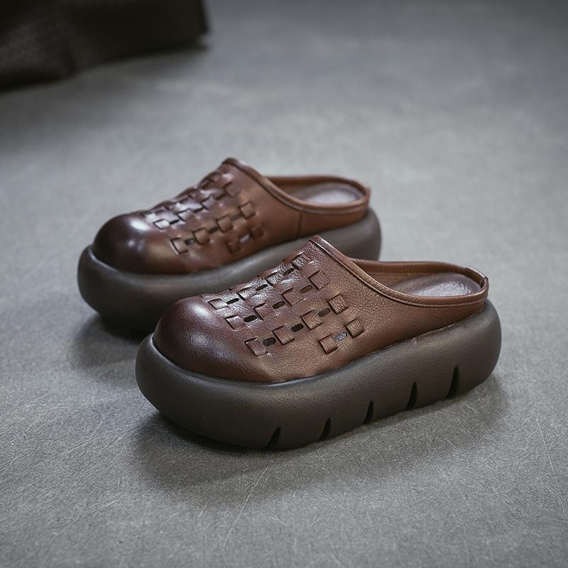 Johnature Chaussons d'extérieur rétro en cuir de vachette à semelles épaisses et bout rond, tissés à la main, polyvalents, pour femmes, à enfiler
