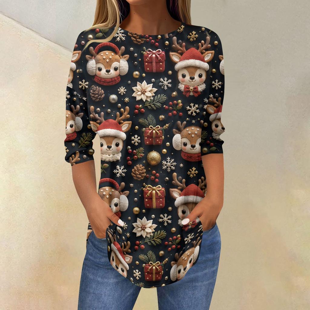 Women's Christmas Print Three-Quarter Sleeve Neck T-Shirt Top