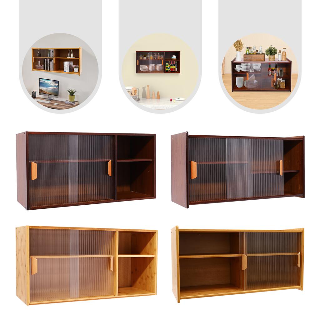 Wall Mount Bamboo Wood Pantry Cabinet,77/80cm 2 Tiers Log Color/Walnut Rectangular Wall Sideboard with Glass Doors for Kitchen