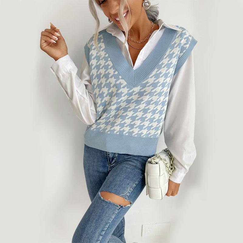 YYFS Women's Fashion Casual Houndstooth Print Autumn Winter Sleeveless V-Neck Sweaters
