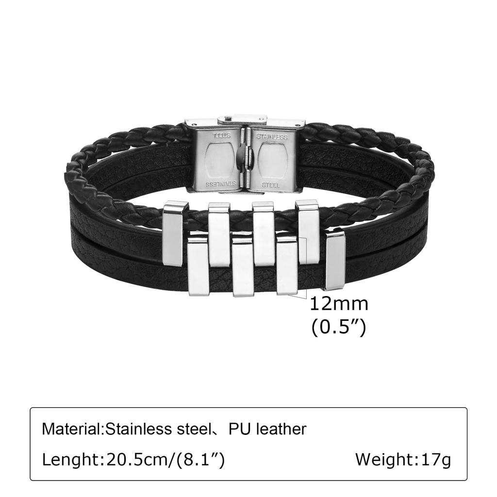 Mens Leather Bracelets,Stylish Stainless Steel 3 Layer Black Bracelets,New Fashion Jewelry Gift for Father Dad Husband BFF Son