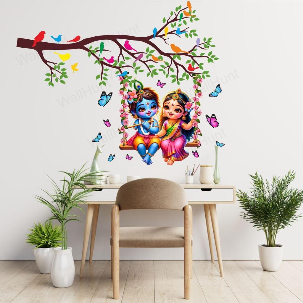 WallHunt PVC Vinyl Tree and Flowers Branch Leaves Radha Krishna Self-Adhesive Wall Sticker for Home Decor/Decoration