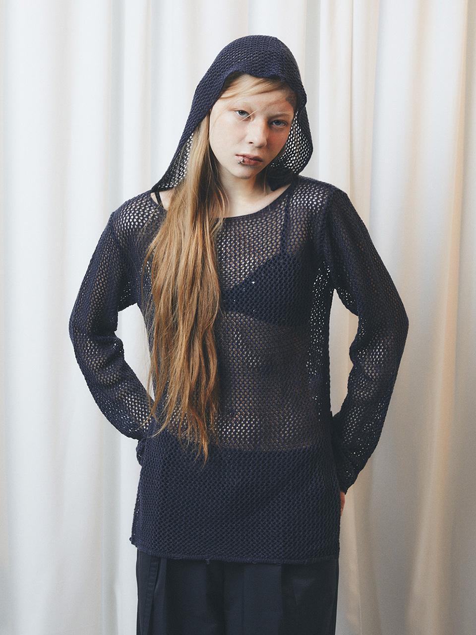 Half Devils Boucle Logo Jacquard Knit Hoodie_Navy Black/Free